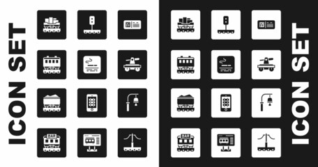 Set QR code ticket train, Smoking area, Passenger cars, Cargo wagon, Draisine or handcar, Train traffic light, station bell and Coal icon. Vector