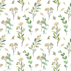 Watercolor seeded eucalyptus seamless pattern. Green leaves. Greenery branches background. Floral illustration.