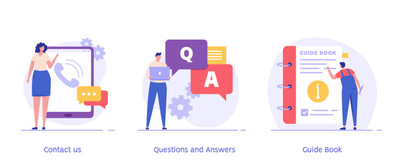 Woman calling support service. User asking question in support chat. Man read user manual. Set of contact us, guide book, faq, questions, answers. Collection of vector flat illustration for banner UI - obrazy, fototapety, plakaty