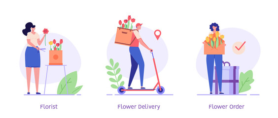 Woman collecting floral composition of different flowers. Courier riding scooter and delivering order. Set of flower delivery service, flower shop. Vector flat illustration for banner, mobile app