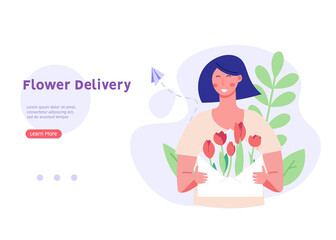 Woman ordering tulips online and delivering flowers order. Concept of flower delivery service, plant order online, flower store. Vector illustration flat design for web banner, landing page template