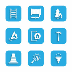 Set Phone with emergency call 911, Firefighter axe, cone bucket, Traffic, Hand holding fire, Burning forest tree and escape icon. Vector