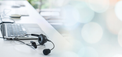 Headset and customer support equipment at call center ready for actively service . Corporate...