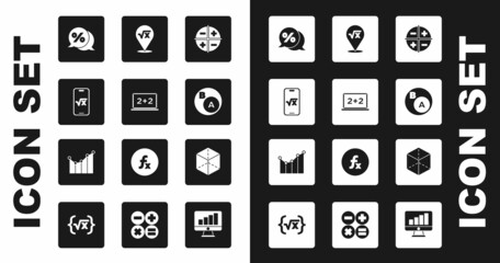 Set XYZ Coordinate system, Chalkboard, Square root of x glyph, Discount percent tag, Subsets, math, subset, Geometric figure Cube and Graph, schedule, chart, diagram icon. Vector