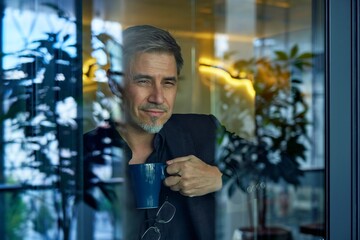 Business portrait - businessman looking through window in office, smiling. Mature age, middle age,...