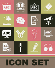 Set Glasses, Chalkboard, Telescope, Graduation cap in speech bubble, Table lamp, and mobile icon. Vector