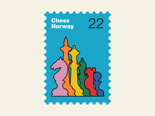 Silhouettes of chess pieces. King, Queen, rook, knight, Bishop, pawn. Chess Norway postage Stamp. Vector chess isolated on white background.