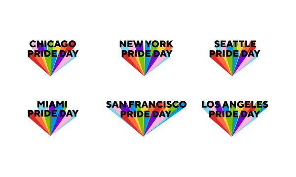 Pride day logo rainbow flag symbol. Celebrating Pride Day in the cities of Chicago, Miami, San Francisco, Los Angeles, Seattle, New York.