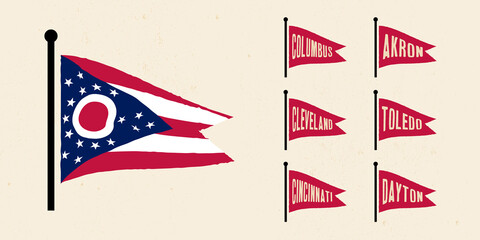 Set flag graphic. Old vintage trendy flag with city of Ohio state. Vintage banner with ribbon flag. - obrazy, fototapety, plakaty