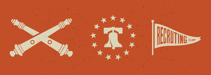 Vintage illustration old US Army, army recruitment, flag, bell, cannon © Дмитрий Сальников