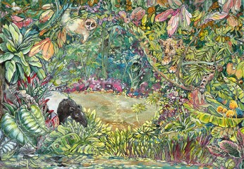 Panda  and animals in the forest,  watercolor paintings landscape