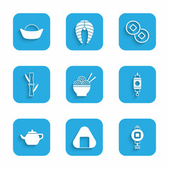 Set Asian noodles in bowl, Sushi, Chinese paper lantern, tea ceremony, Bamboo, Yuan currency and icon. Vector