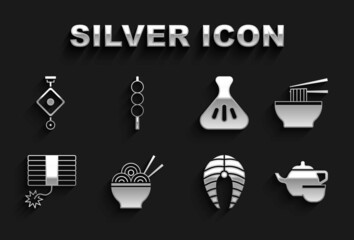 Set Asian noodles in bowl, Chinese tea ceremony, Fish steak, Firework, Dumpling, paper lantern and Meatballs wooden stick icon. Vector