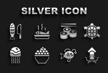 Set Caviar, Turtle, Octopus, Tropical fish, Jellyfish, Sushi, Fish with sliced pieces and Served on plate icon. Vector