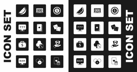 Set Casino chips, Playing card with spades, Slot machine jackpot, slot watermelon, Game dice, Online, Hand holding playing cards and Briefcase money icon. Vector