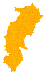 Vector Golden map of Chhattisgarh State. Map of Chhattisgarh State is isolated on a white background. Golden particles pattern based on solid yellow map of Chhattisgarh State.