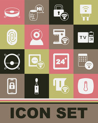 Set Thermostat, Air humidifier, Multimedia and TV box receiver, Digital door lock, Web camera, Fingerprint, Robot vacuum cleaner and Smart coffee machine icon. Vector