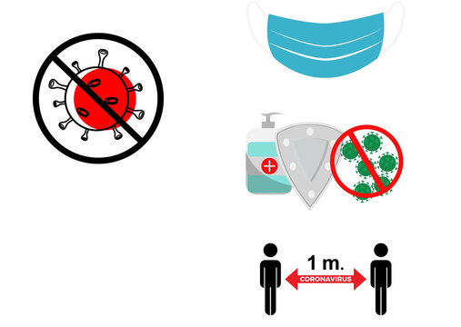 Correct Behaviors To Avoid Coronavirus Contagion. Keep A Safe Distance, Sanitize Hands And Wear A Mask. Illustration With White Background