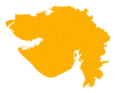 Vector Gold map of Gujarat State. Map of Gujarat State is isolated on a white background. Gold particles mosaic based on solid yellow map of Gujarat State.