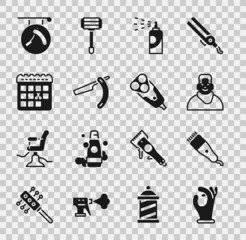 Set Medical rubber gloves, Electrical hair clipper, Client in barbershop, Spray can for hairspray, Straight razor, Calendar with haircut day, Barbershop and blade icon. Vector