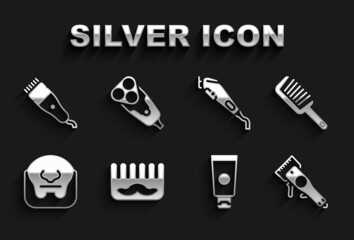 Set Hairbrush, Electrical hair clipper, Cream cosmetic tube, Mustache and beard, and razor blade icon. Vector