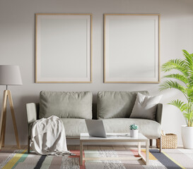 Living room interior with sofa, coffee table, floor lamp and plant. Two picture mock up on the wall. 3D render. 3D illustration.