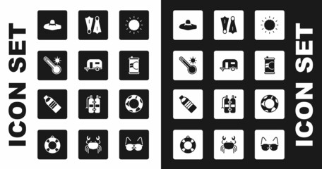Set Sun, Rv Camping trailer, Meteorology thermometer, Elegant women hat, Soda can, Rubber flippers for swimming, ring and Bottle of water icon. Vector