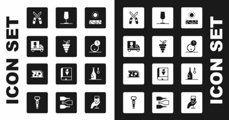 Set Drought, Bunch of grapes, Wine truck, Gardening scissors, Wooden barrel for wine, glass, temperature and Cheese icon. Vector