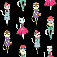 Seamless pattern of cute fashion cats , vector illustrations