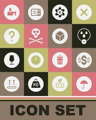 Set Delivery package with umbrella, Dollar symbol, Water drop forbidden, Test tube and flask, Bones skull warning, Unknown search, Factory production and Carton cardboard box icon. Vector
