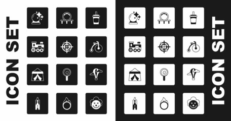 Set Paper glass with water, Target sport, Toy train, Magic ball, Vintage bicycle, Roller coaster, Hot air balloon and Circus tent icon. Vector