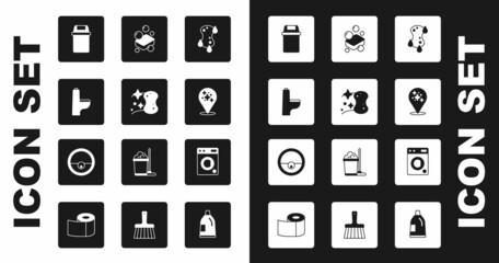 Set Sponge, Toilet bowl, Trash can, Home cleaning service, Bar of soap, Washer and Robot vacuum cleaner icon. Vector