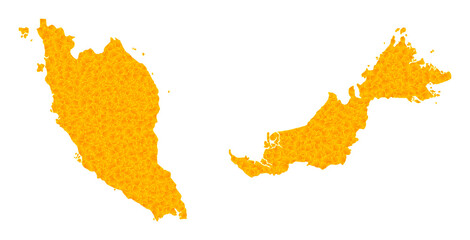 Vector Gold map of Malaysia. Map of Malaysia is isolated on a white background. Gold items texture based on solid yellow map of Malaysia.