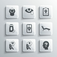 Set Head with heart, question mark, Armchair, Psychologist online, Broken or divorce, Sedative pills, Anger and Psychology, Psi icon. Vector