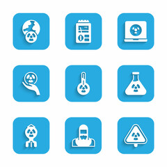 Fototapeta premium Set Meteorology thermometer, Nuclear reactor worker, Triangle with radiation, Test tube, bomb, Radioactive, laptop and Planet earth and icon. Vector
