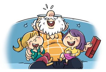 Naklejka premium Illustration of grandfather laughing with his granddaughters