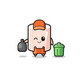 the mascot of cute tissue roll as garbage collector