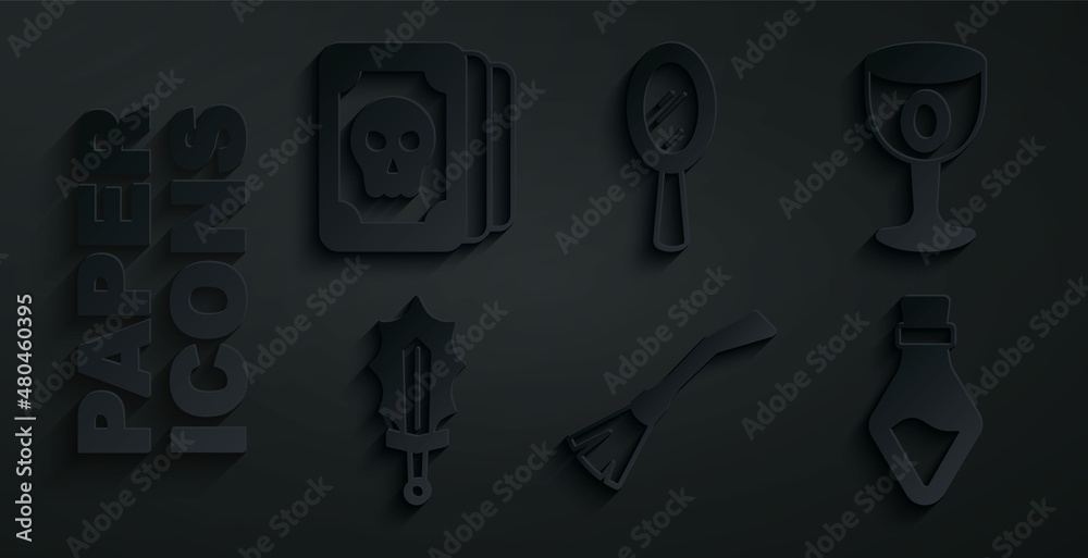 Wall mural Set Witches broom, Medieval goblet, Magic sword in fire, Bottle with potion, hand mirror and Tarot cards icon. Vector