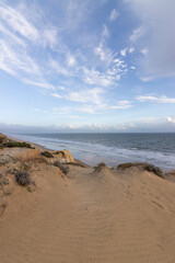 Mazagon beach, in the province of Huelva, Spain. One of the most beautiful beaches in Spain. Concept of going to the most beautiful places on vacation.
