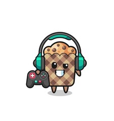 muffin gamer mascot holding a game controller