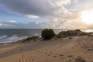 Mazagon beach, in the province of Huelva, Spain. One of the most beautiful beaches in Spain. Concept of going to the most beautiful places on vacation.