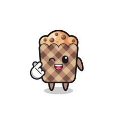 muffin character doing Korean finger heart