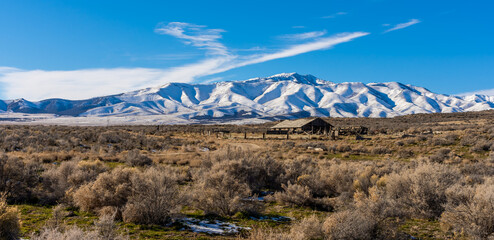A prairie landscape with a distant snow covered mountain range.