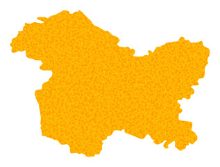Vector Gold map of Jammu and Kashmir State. Map of Jammu and Kashmir State is isolated on a white background. Gold particles pattern based on solid yellow map of Jammu and Kashmir State.