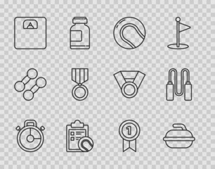 Set line Stopwatch, Stone for curling sport game, Baseball ball, Checklist clipboard and tennis, Bathroom scales, Medal, and Jump rope icon. Vector
