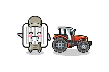 the barcode farmer mascot standing beside a tractor