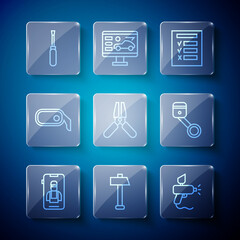 Set line Online car services, Hammer, Paint spray gun, Car inspection, battery jumper power cable, rearview mirror, Screwdriver and Engine piston icon. Vector