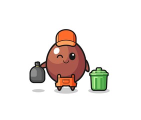 the mascot of cute chocolate egg as garbage collector