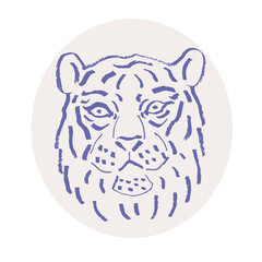 Tiger, vector drawing. Symbol of 2022. Oriental New Year, China, horoscope, Asia, traditions, holidays, talisman. Sticker, oval, sketch, ink style, brush. Very Peri.