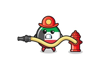 kuwait flag cartoon as firefighter mascot with water hose